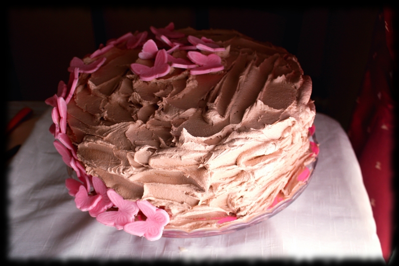 Tarta de chocolate y mariposas rosas